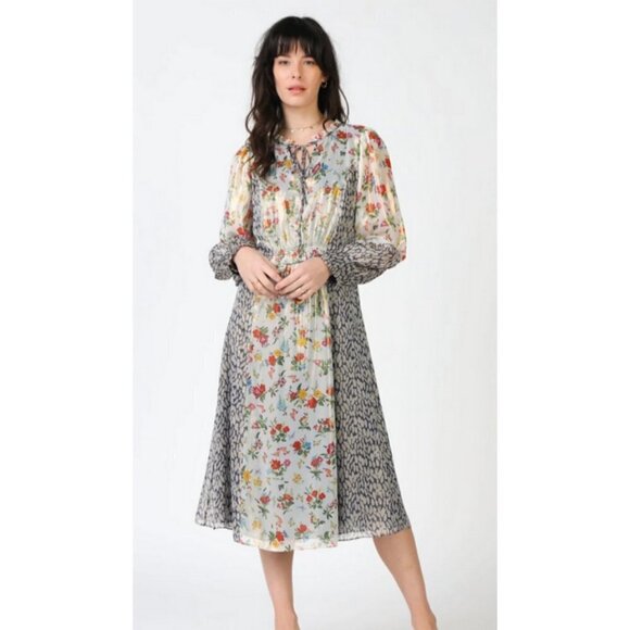 💕CURRENT AIR💕 Floral Combo Mixed Print Shine Midi Dress ~ Medium M NWT - Picture 2 of 16